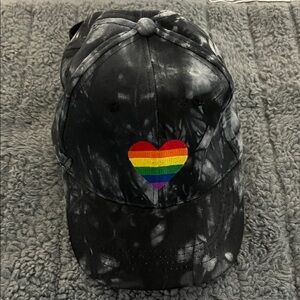 NWOT—Adjustable Black Tie-Dye Cap with Rainbow Heart